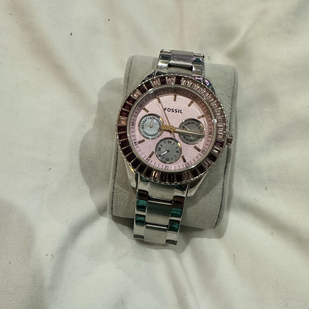 Fossil Pink Dial Silver Bracelet Watch